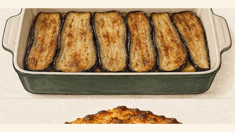 Moussaka, step 9: Build the vegetable layers.