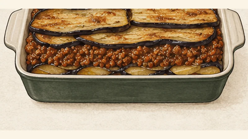 Moussaka, step 10: Add the meat and remaining eggplant.
