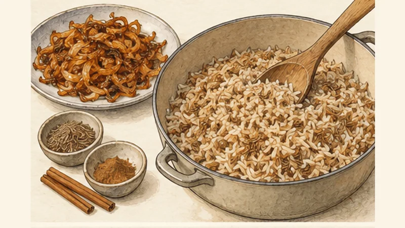 Lebanese Mujadara with Crispy Onions, step 3: Toast the spices and rice.