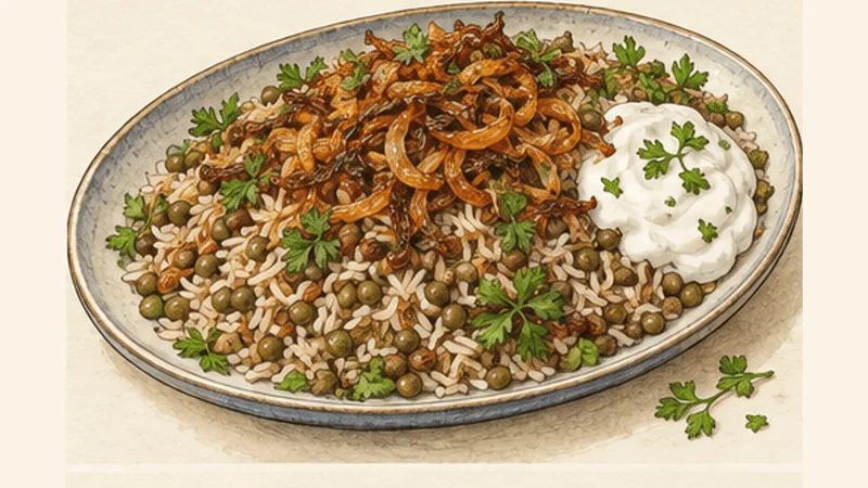 Lebanese Mujadara with Crispy Onions, step 6: Top and serve.