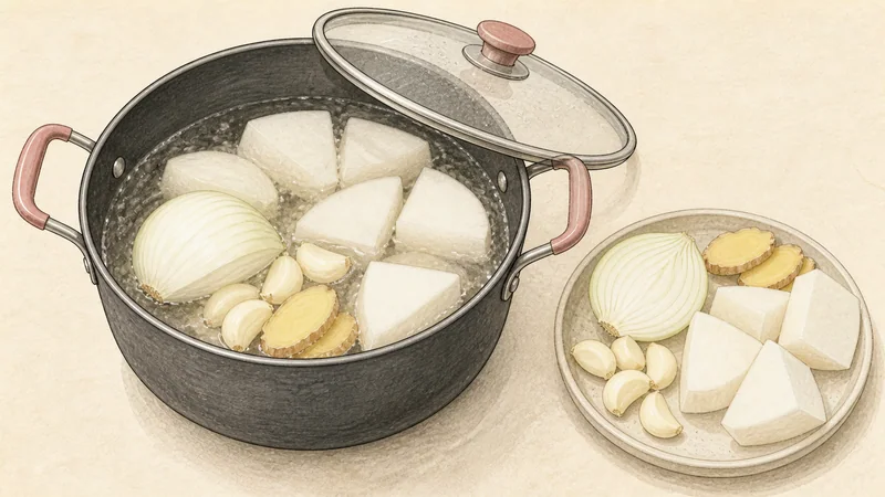 Mul naengmyeon, step 2: Add broth aromatics.