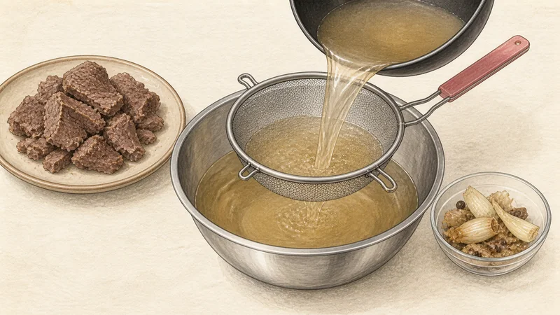 Mul naengmyeon, step 4: Strain the clear broth.