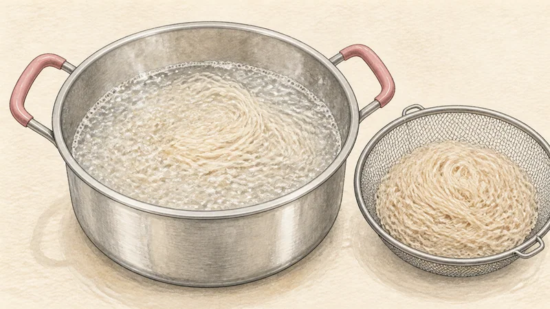 Mul naengmyeon, step 11: Boil the noodles briefly.