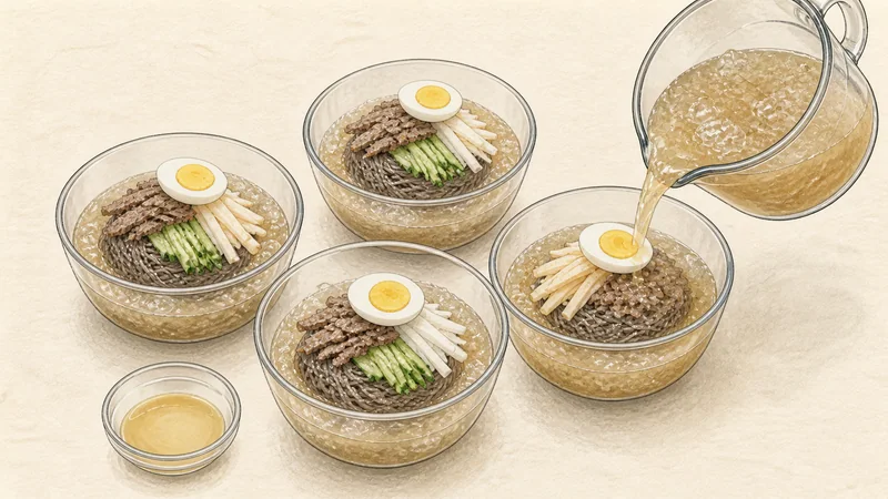 Mul naengmyeon, step 13: Build four icy bowls.