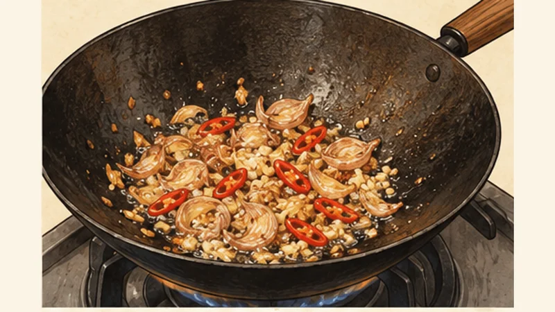 Nasi Goreng, step 2: Fry the aromatics.