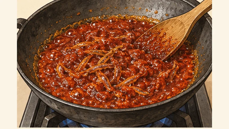 Nasi Lemak, step 3: Cook the anchovy sambal.