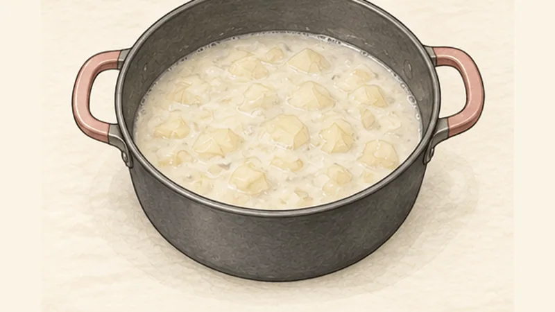 New England Clam Chowder, step 7: Add milk and cream gently.