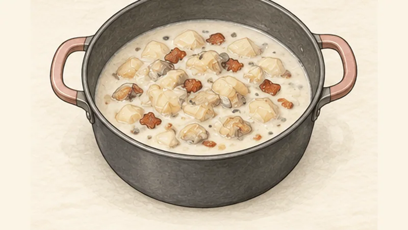 New England Clam Chowder, step 8: Return clams and bacon.