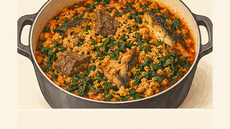 Nigerian Egusi Soup with Greens, step 6: Add meat, smoked fish and greens.