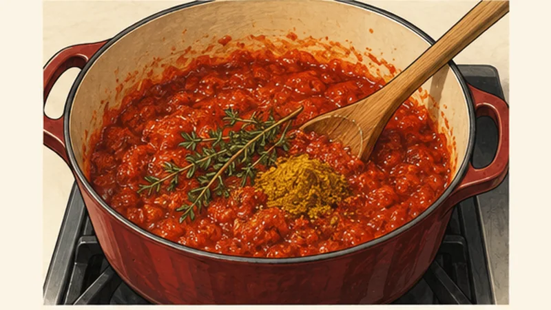 Nigerian Jollof Rice, step 2: Reduce the tomato sauce.