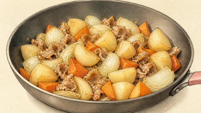 Pork nikujaga, step 5: Coat the vegetables.