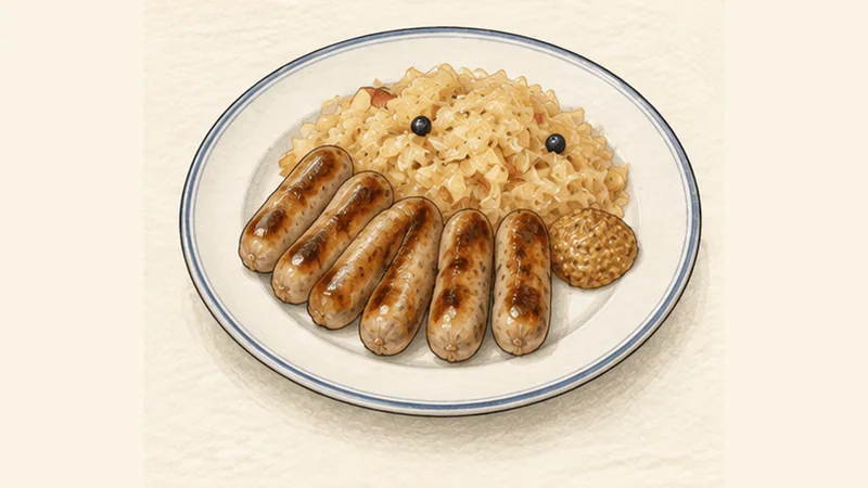 Nürnberger Rostbratwürste with Sauerkraut, step 6: Serve with mustard.