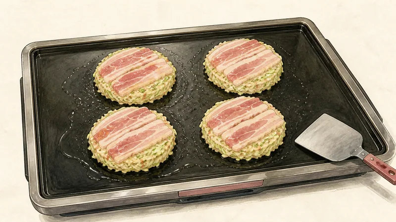 Osaka-style okonomiyaki, step 4: Heat and shape four pancakes.