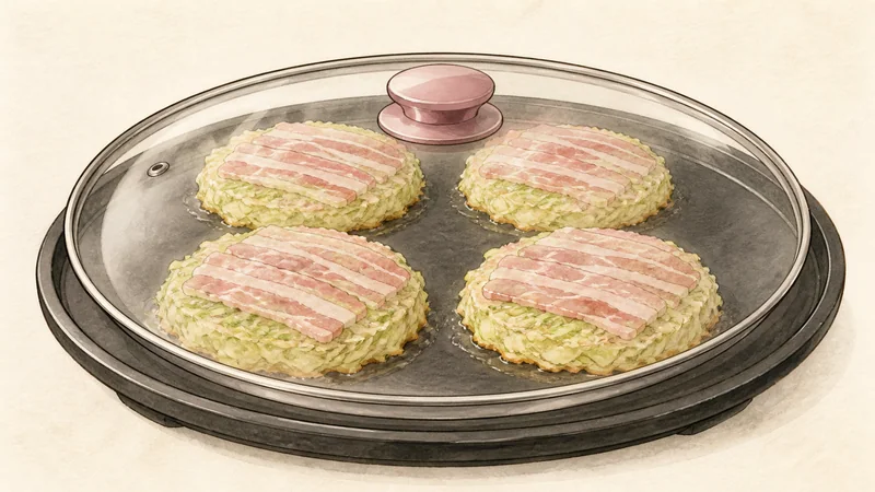 Osaka-style okonomiyaki, step 5: Cook covered first side.