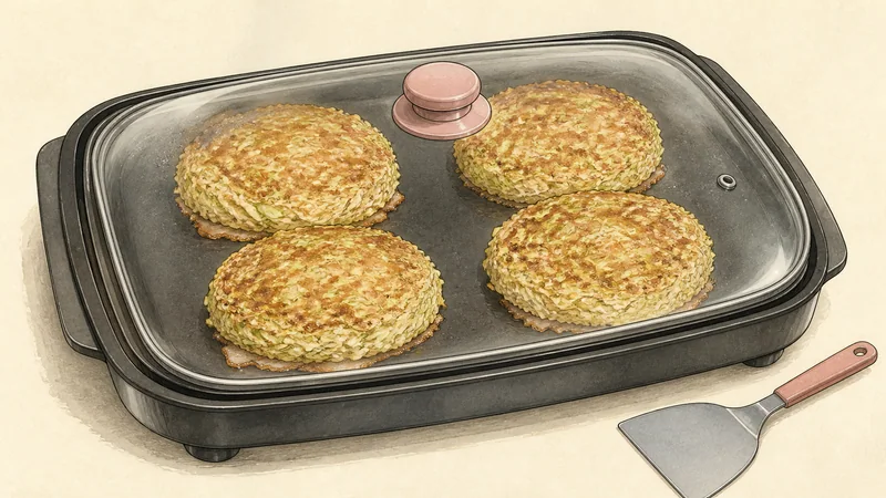 Osaka-style okonomiyaki, step 6: Flip and cook through.