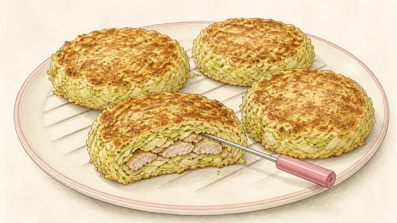 Osaka-style okonomiyaki, step 7: Set the centre to 74°C.