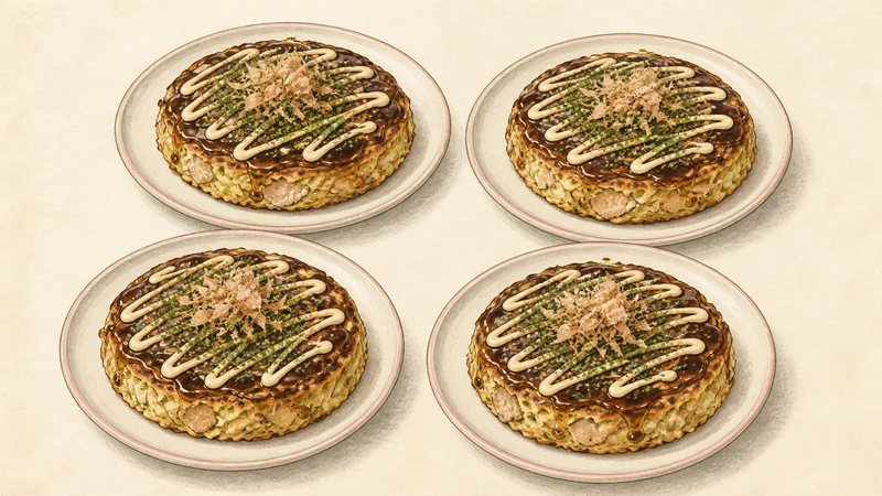 Osaka-style okonomiyaki, step 8: Top with four measured finishes.