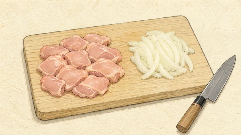 Oyakodon (chicken and egg bowl), step 2: Cut the chicken and onion.