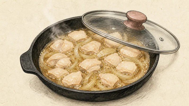 Oyakodon (chicken and egg bowl), step 5: Cook the chicken.
