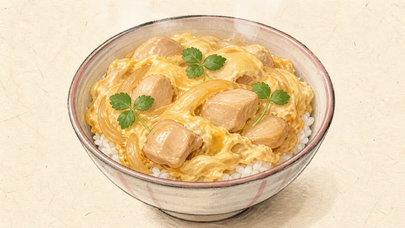 Oyakodon (chicken and egg bowl), step 8: Slide over the rice.