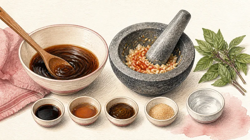 Pad Kra Pao Moo with Fried Egg, step 1: Mix the sauce and pound aromatics.