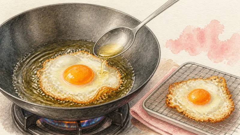 Pad Kra Pao Moo with Fried Egg, step 2: Fry crisp-edged eggs.