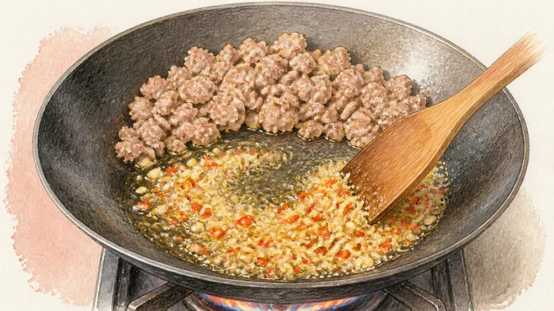 Pad Kra Pao Moo with Fried Egg, step 4: Bloom garlic and chile.