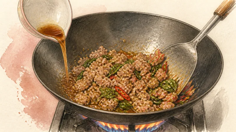 Pad Kra Pao Moo with Fried Egg, step 5: Reduce the savoury sauce.