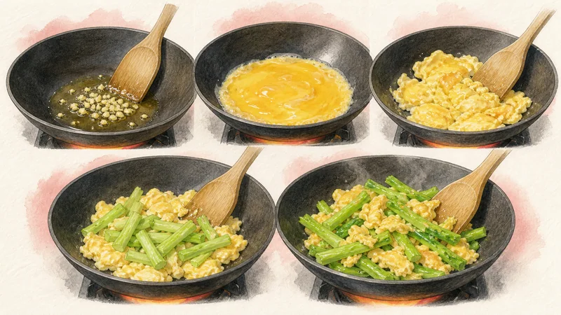 Pork Pad See Ew, step 4: Set eggs and broccoli stems.