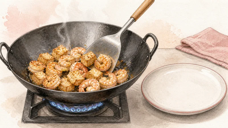 Shrimp Pad Thai, step 4: Brown tofu and cook shrimp.