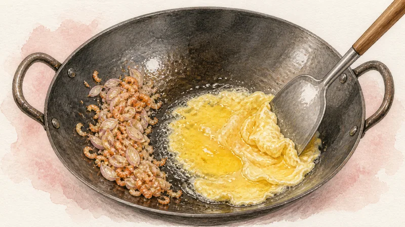 Shrimp Pad Thai, step 5: Fry aromatics and set the eggs.