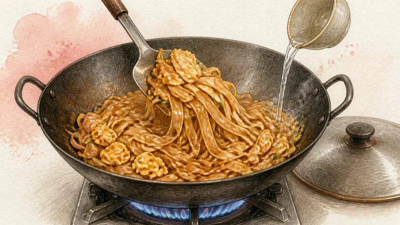 Shrimp Pad Thai, step 6: Coat noodles with sauce.