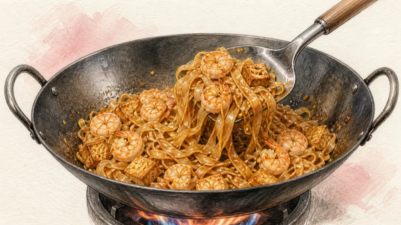 Shrimp Pad Thai, step 7: Return tofu and shrimp.