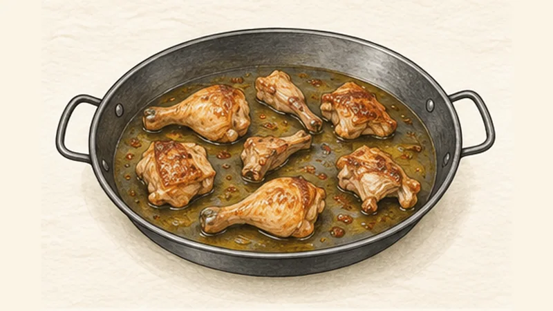 Paella Valenciana, step 1: Brown the chicken and rabbit.