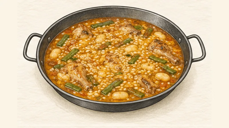 Paella Valenciana, step 5: Add and distribute the rice.