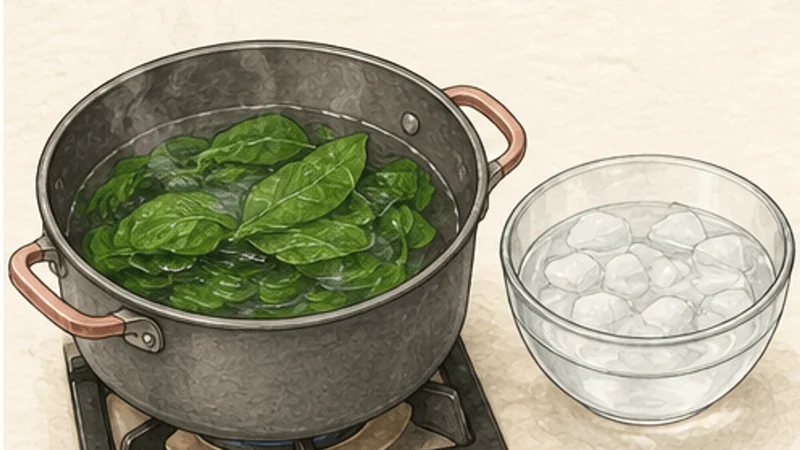 Palak Paneer, step 1: Blanch the spinach briefly.