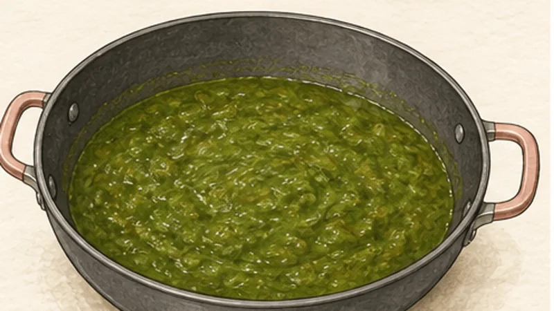 Palak Paneer, step 6: Simmer the spinach gently.
