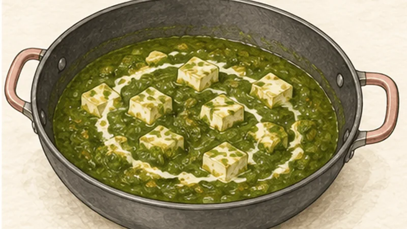 Palak Paneer, step 7: Warm paneer and finish.