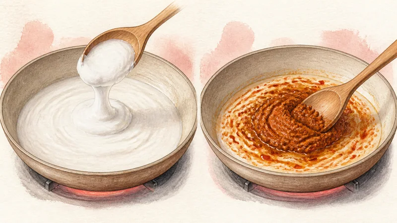 Beef Panang Curry, step 2: Fry Panang paste in coconut cream.