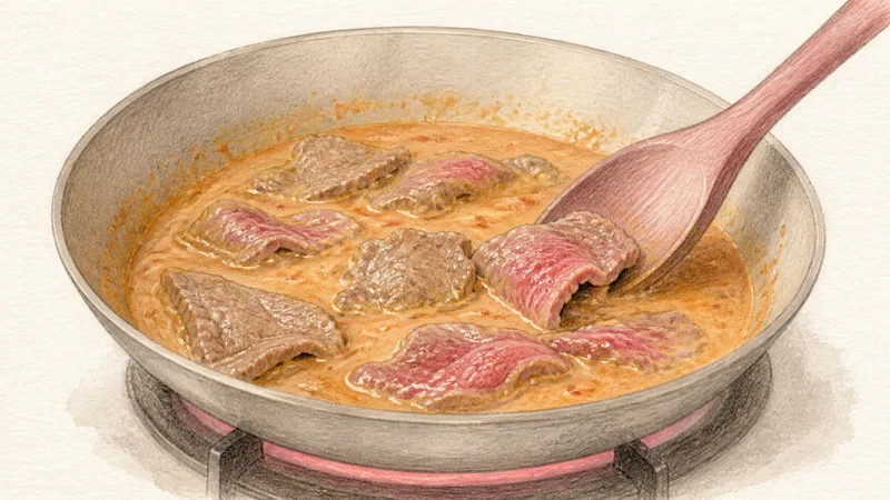 Beef Panang Curry, step 5: Poach beef briefly.