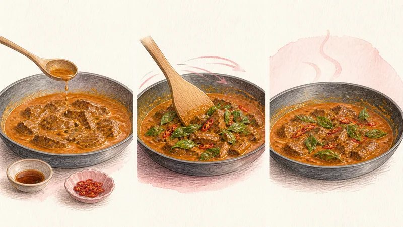 Beef Panang Curry, step 6: Balance and add basil.