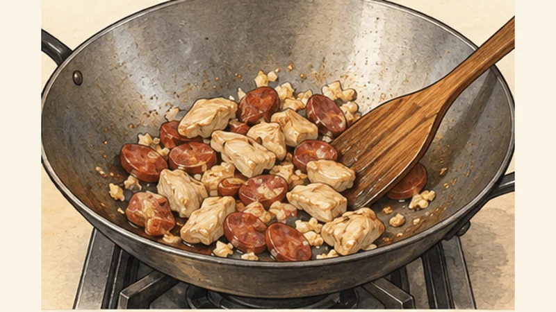 Pancit Bihon Guisado, step 3: Brown the sausage and chicken.
