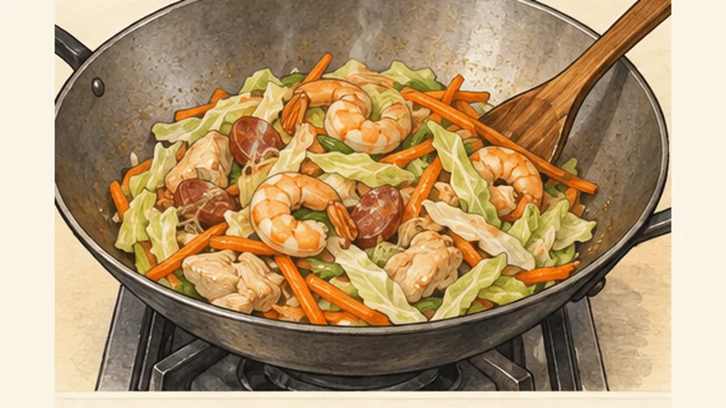Pancit Bihon Guisado, step 4: Cook the vegetables and shrimp.