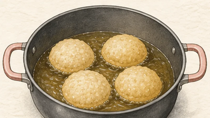 Pani Puri, step 3: Fry until fully hollow.