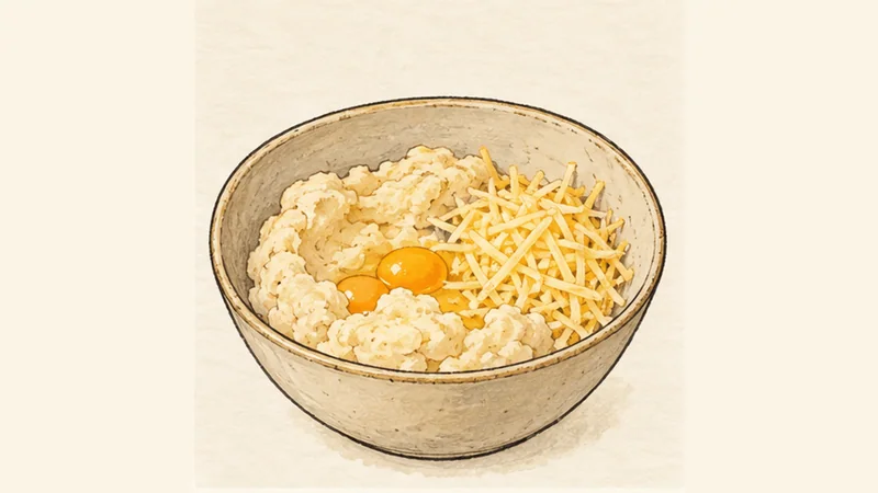 Pão de Queijo, step 3: Add eggs and cheese.