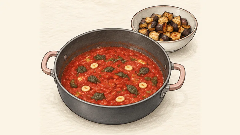 Pasta alla Norma, step 2: Simmer the tomato sauce.
