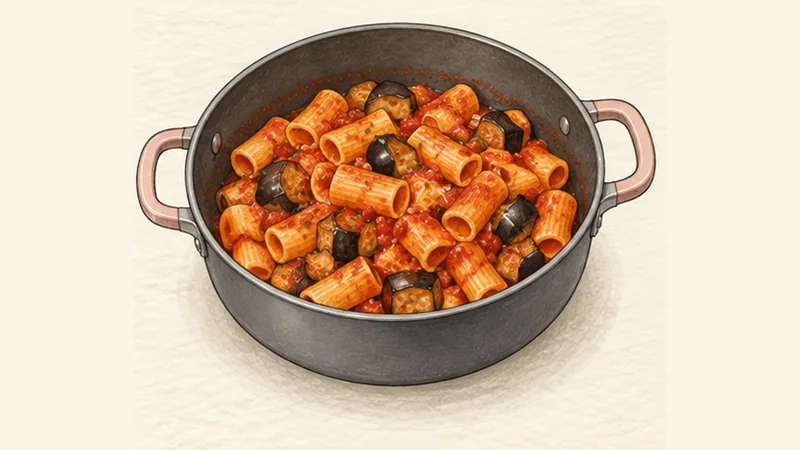 Pasta alla Norma, step 4: Finish with eggplant.