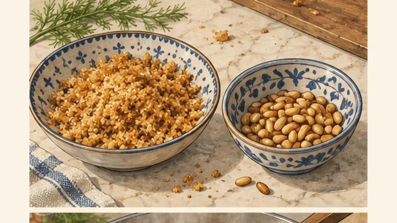 Palermitan Pasta con le Sarde, step 2: Toast breadcrumbs and pine nuts.