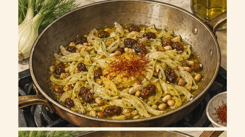 Palermitan Pasta con le Sarde, step 3: Build the fennel and raisin sauce.