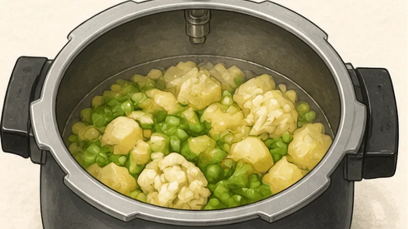 Mumbai Pav Bhaji, step 1: Pressure-cook the vegetables.